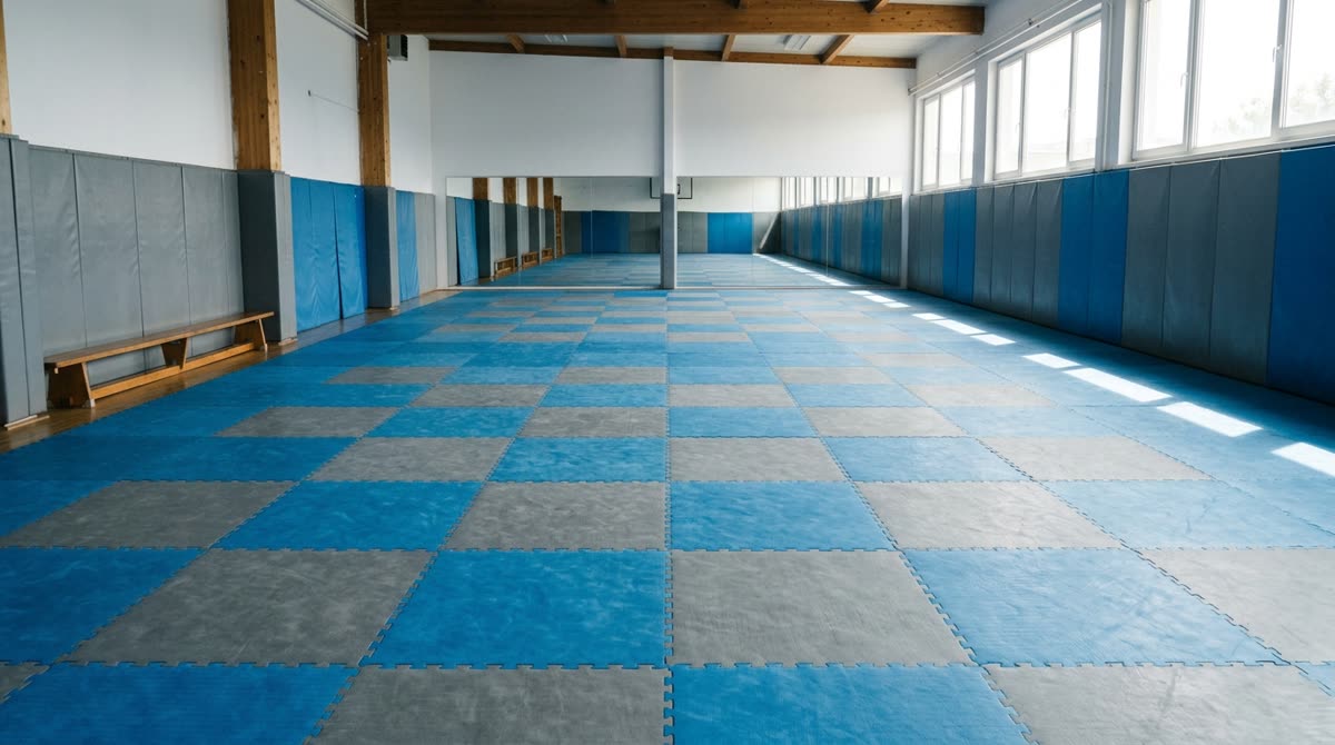 An empty matted training room with a low bench along the wall and daylight.