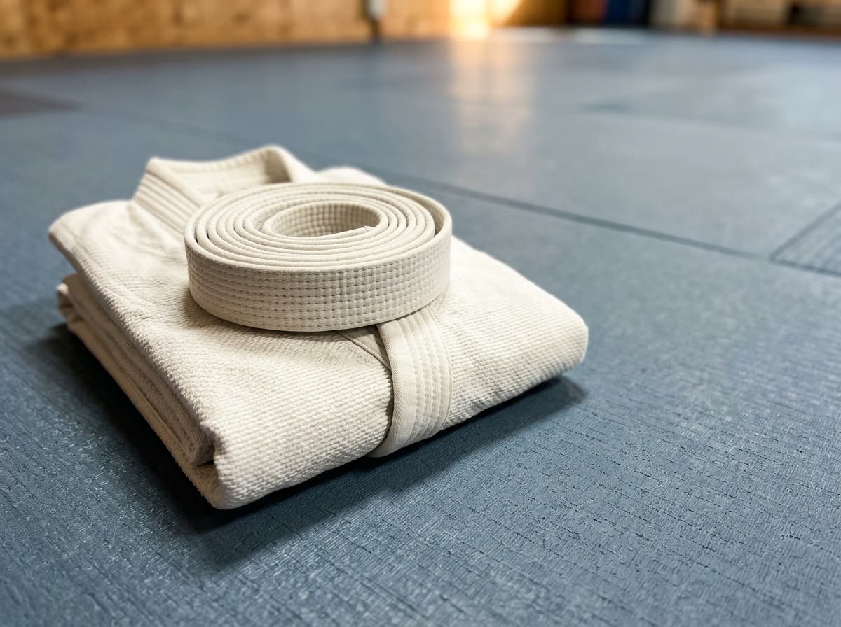 A folded white uniform with a coiled belt resting on top of it on the mat.