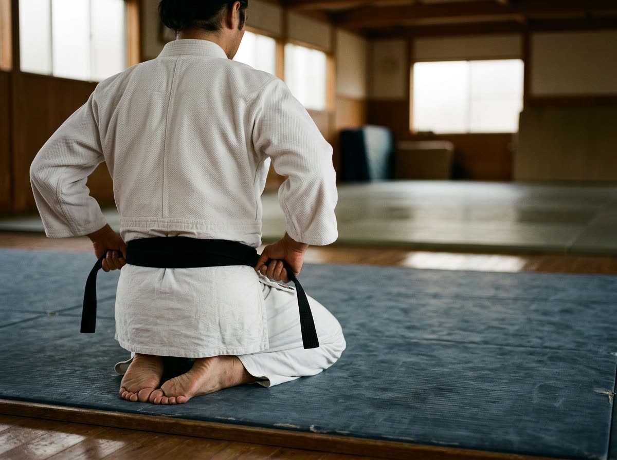 A person in a white uniform kneels at the mat's edge tying a belt, seen from behind.