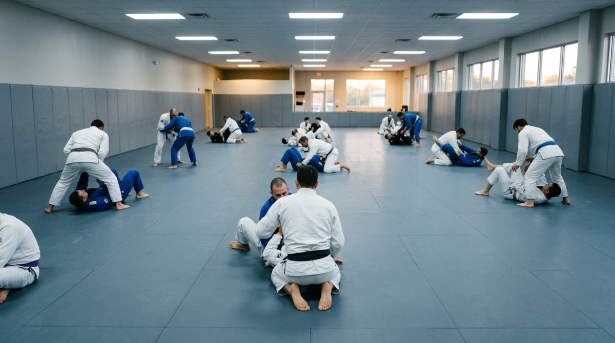 A wide mat room where pairs of students train, viewed from the back of the room.