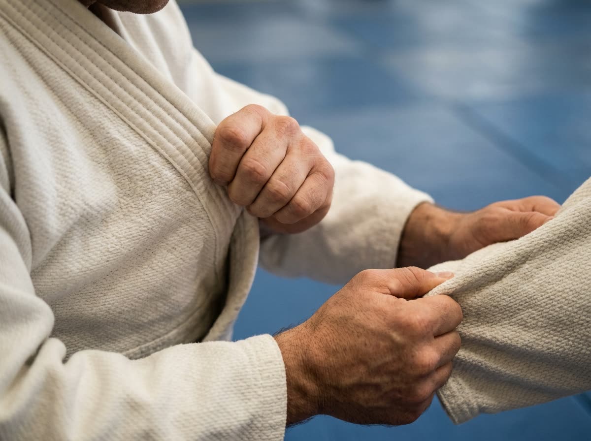 Close view of two hands gripping the collar and sleeve of a cotton uniform.