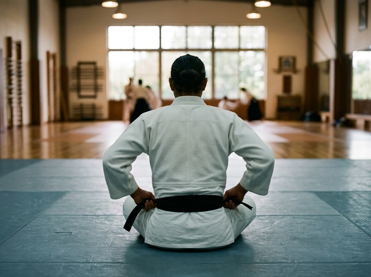 A practitioner sits on the mat adjusting a belt, photographed from behind.