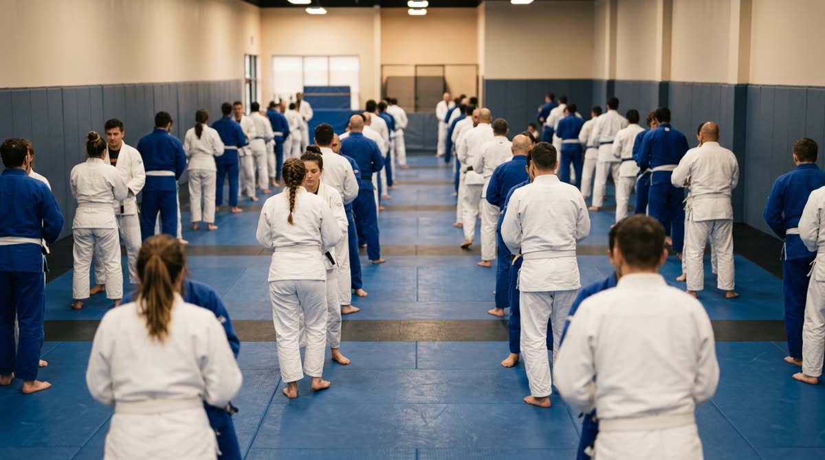 Rows of students in white and blue uniforms drill in pairs across a mat room.