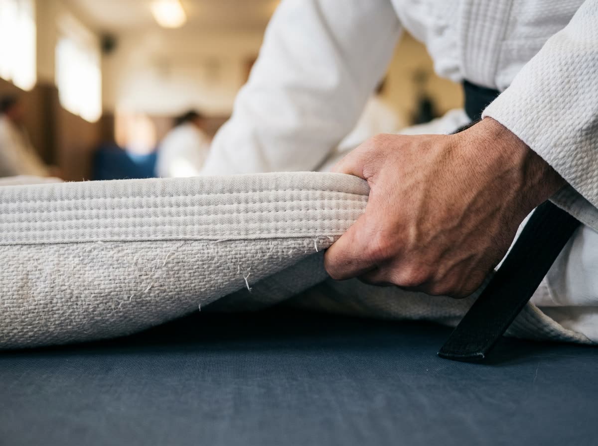Macro view of a thick cotton collar weave with a hand gripping the lapel.
