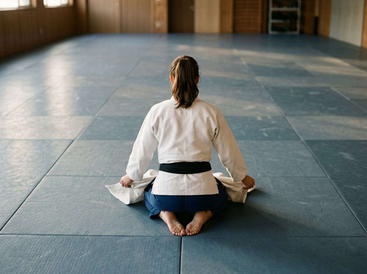 Seen from behind, a person kneels to fold a uniform jacket on an empty mat.