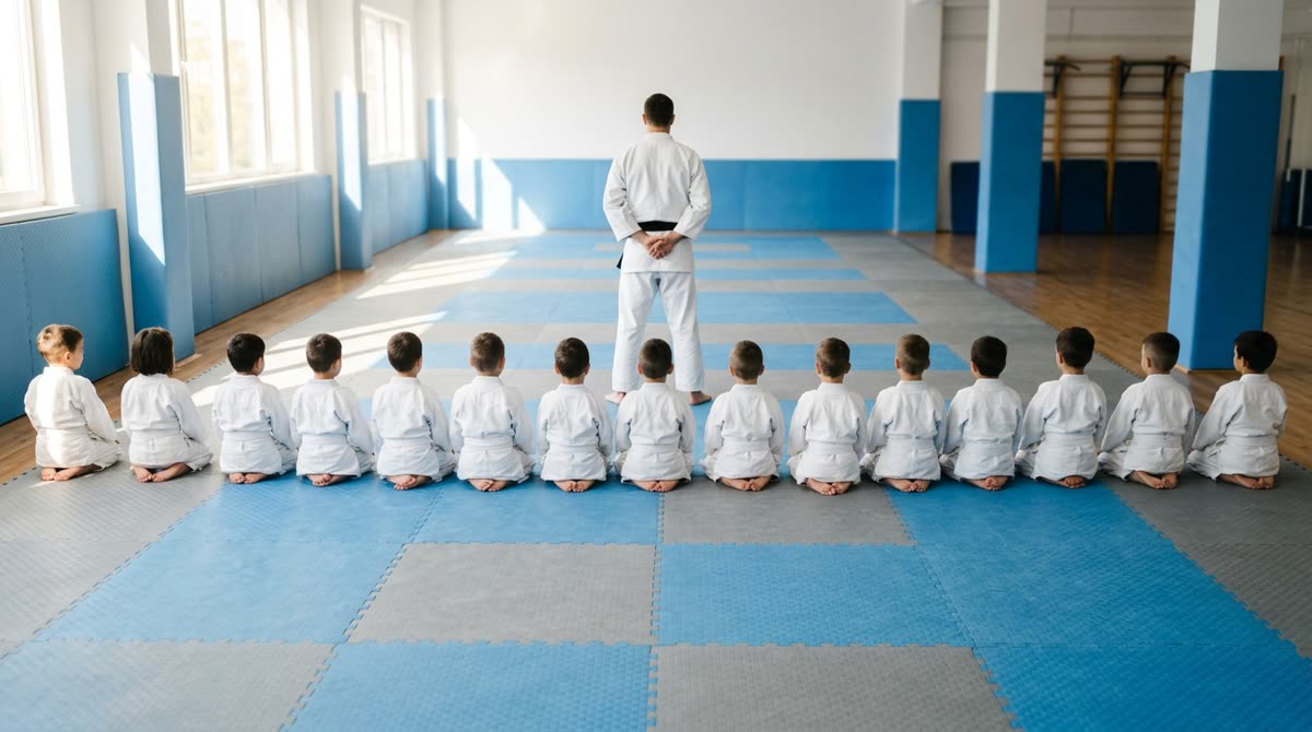 A bright kids' mat area with padded walls and an adult coach in front of seated students.