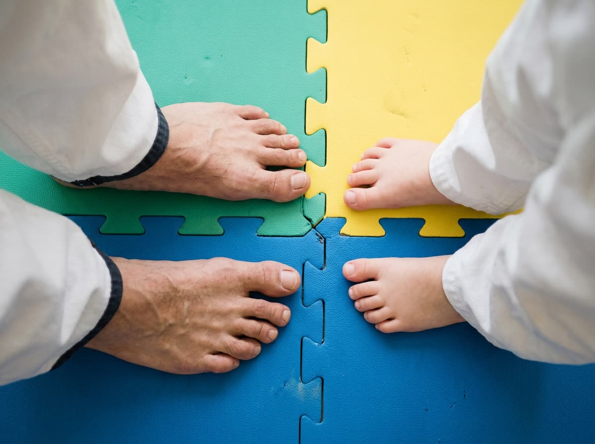 Small bare feet and an adult's feet on colorful puzzle mats, seen from above.