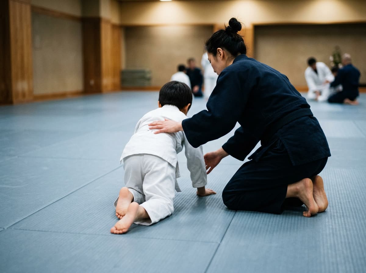 A child practices a floor drill while an adult instructor kneels alongside, faces away.