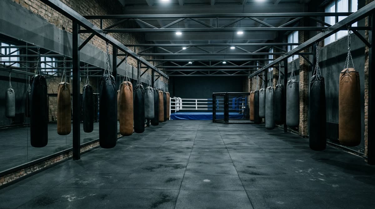 A striking gym with rows of hanging heavy bags and a ring in the background.