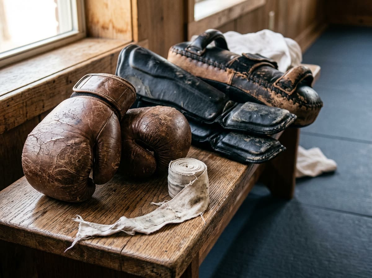 Worn boxing gloves, unrolled hand wraps and pads stacked on a bench.