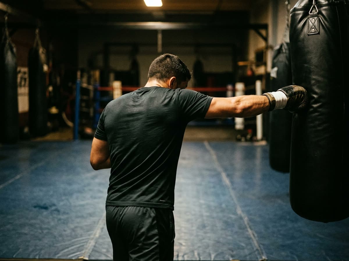 A person strikes a heavy bag, seen from behind with the face out of view.