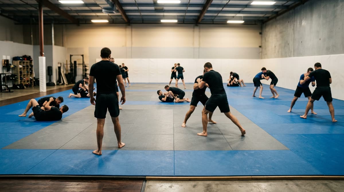 An open mat room where pairs in rash guards and shorts grapple, seen from behind.