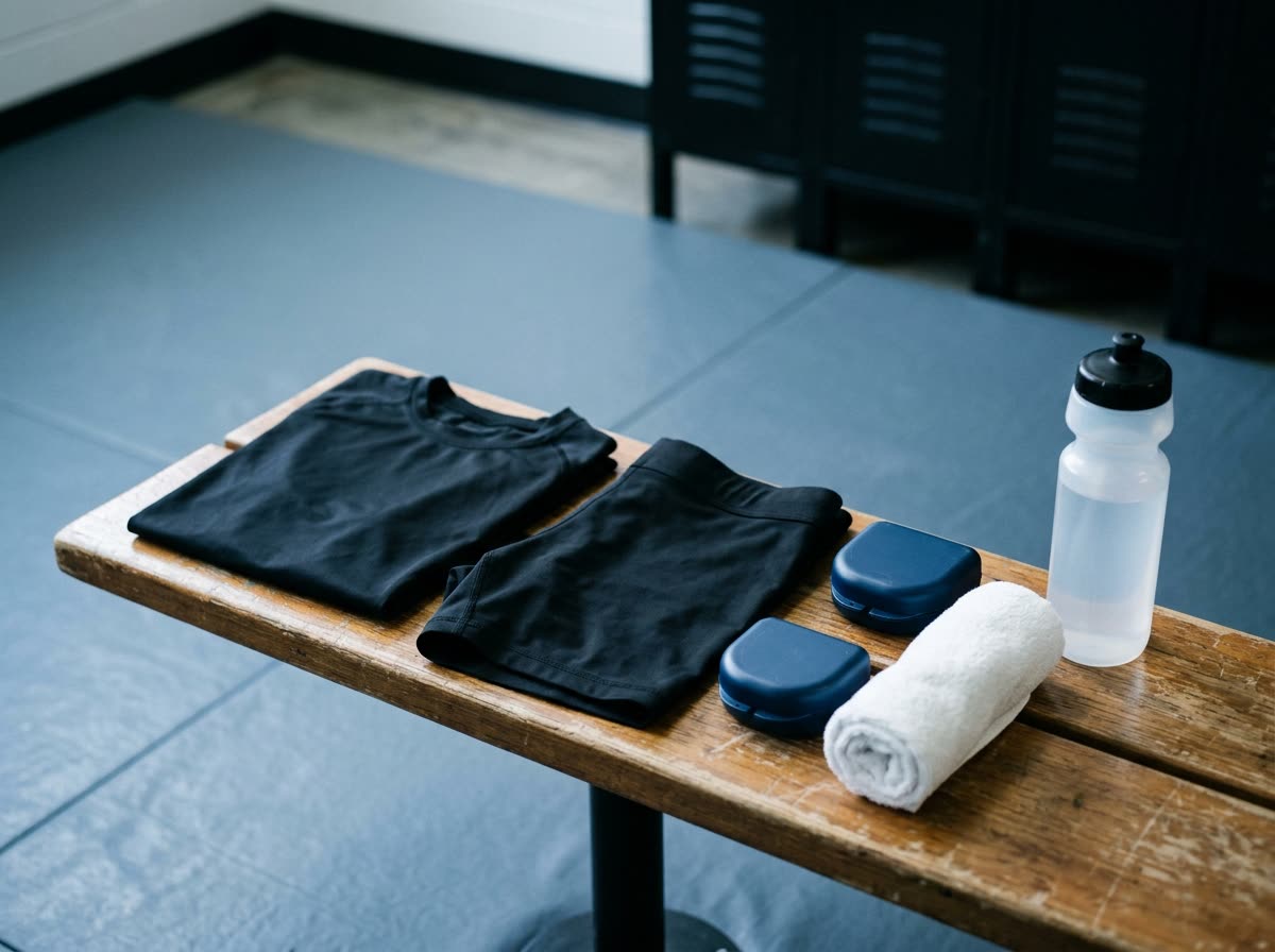 Folded rash guards, shorts, a mouthguard case and a towel on a locker bench.