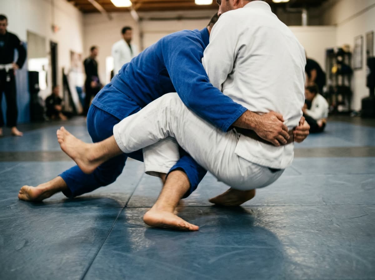One grappler shoots a low takedown on a partner, both cropped above the shoulders.