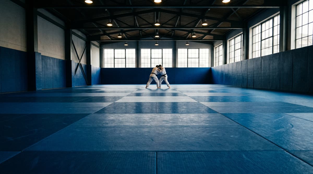 A large empty mat room with two small figures training at the far end.