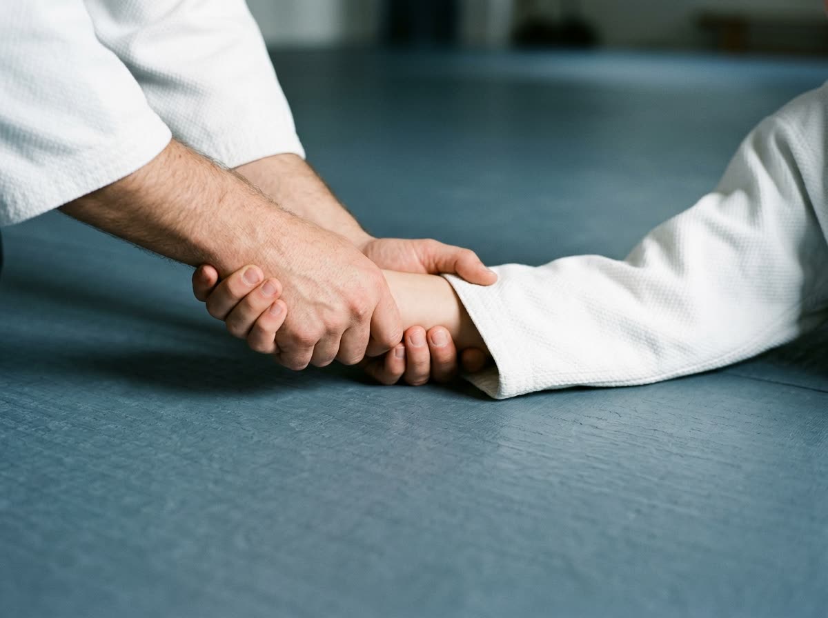 Close view of one hand adjusting another's grip on a sleeve at mat level.