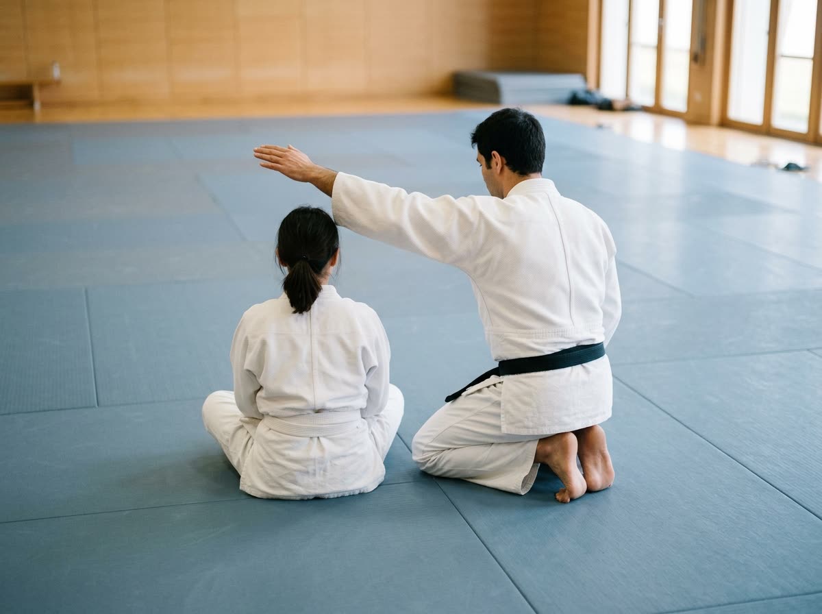 An instructor kneels beside a student on the mat demonstrating a position, faces away.